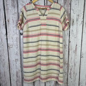 CJ Banks X | 14W Linen Blend Striped Short Sleeve Cover Up Dress Beige Blue Red